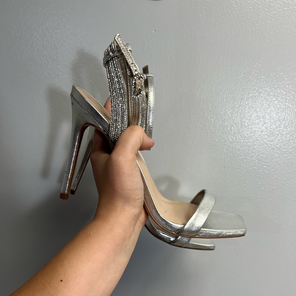 Sam Edelman Ophelia Metallic Silver Rhinestone Ankle Heels - Size 7.5 M - Box - Picture 3 of 6